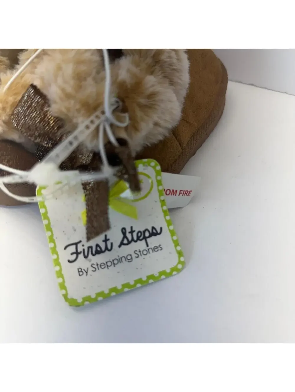 First‎ Steps By Stepping Stones Girls Size 6 Brown Faux Fur Bow Slippers NEW